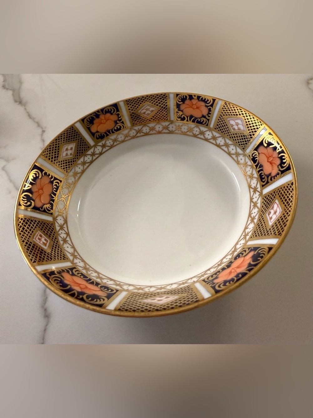 Four Shallow Bowls Royal Crown Derby Imari Border Pattern with Gold Edge.